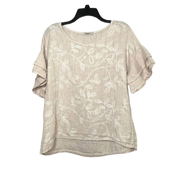 Linen Top Valentina Naldi Made in Italy Blush Embroidered Ruffle Sleeve Large - Picture 1 of 6
